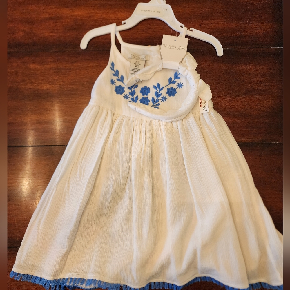 Sold Kid White Dress with Blue Floral Embroidery